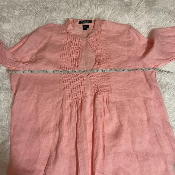 Lauren Ralph Lauren Linen Pink Pleated Open Front Key Hole Long Sleeve Blouse - Picture 10 of 12